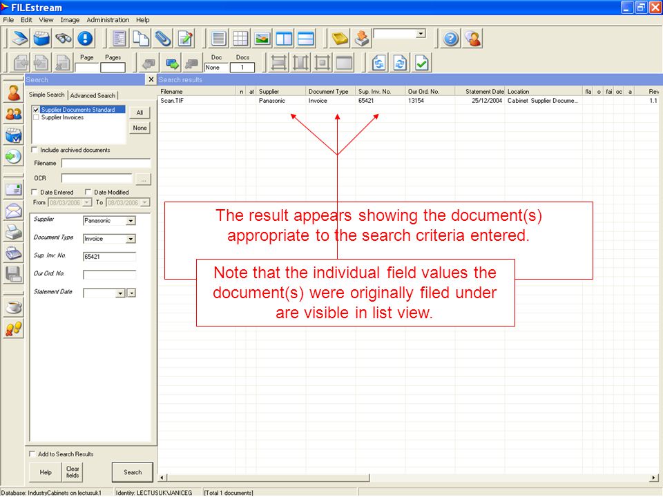 The result appears showing the document(s) appropriate to the search criteria entered.