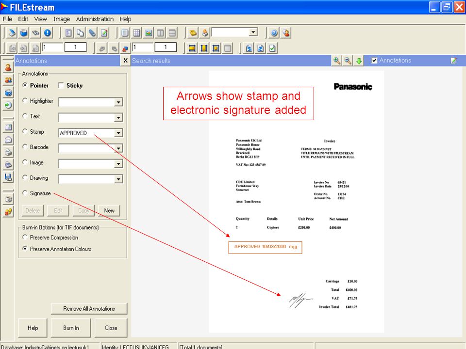 Arrows show stamp and electronic signature added