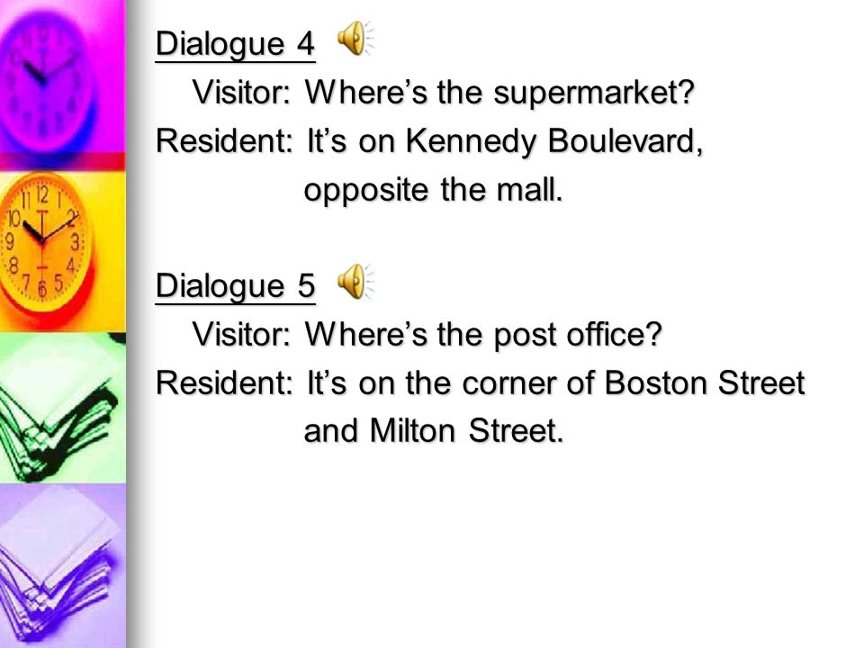 Dialogue 4 Visitor: Wheres the supermarket. Visitor: Wheres the supermarket.