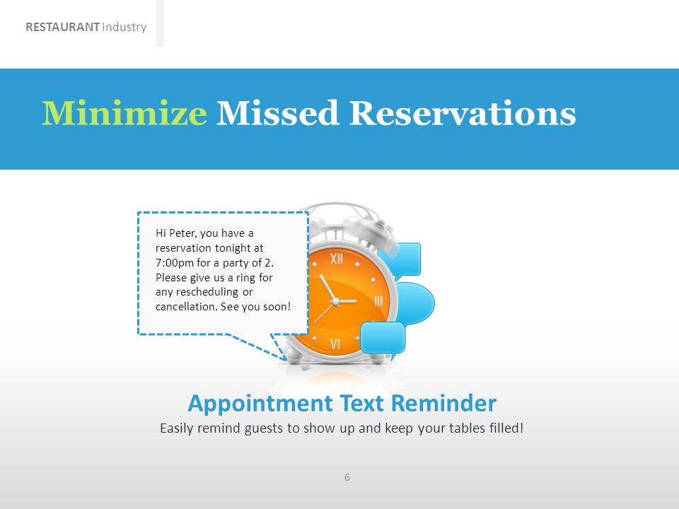 RESTAURANT Industry 6 Minimize Missed Reservations Appointment Text Reminder Easily remind guests to show up and keep your tables filled.