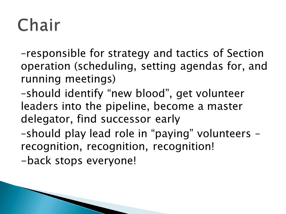 –responsible for strategy and tactics of Section operation (scheduling, setting agendas for, and running meetings) –should identify new blood, get volunteer leaders into the pipeline, become a master delegator, find successor early –should play lead role in paying volunteers – recognition, recognition, recognition.