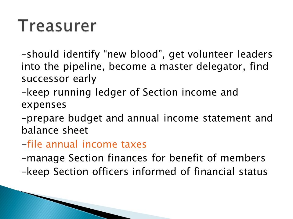 –should identify new blood, get volunteer leaders into the pipeline, become a master delegator, find successor early –keep running ledger of Section income and expenses –prepare budget and annual income statement and balance sheet -file annual income taxes –manage Section finances for benefit of members –keep Section officers informed of financial status