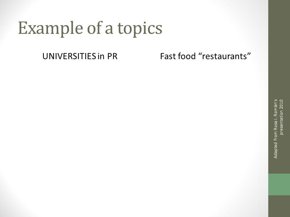 Example of a topics UNIVERSITIES in PRFast food restaurants Adapted from Rosa I.