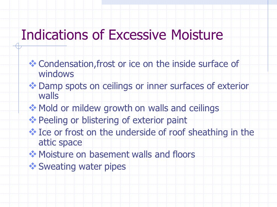 Indications of Excessive Moisture Condensation,frost or ice on the inside surface of windows Damp spots on ceilings or inner surfaces of exterior walls Mold or mildew growth on walls and ceilings Peeling or blistering of exterior paint Ice or frost on the underside of roof sheathing in the attic space Moisture on basement walls and floors Sweating water pipes