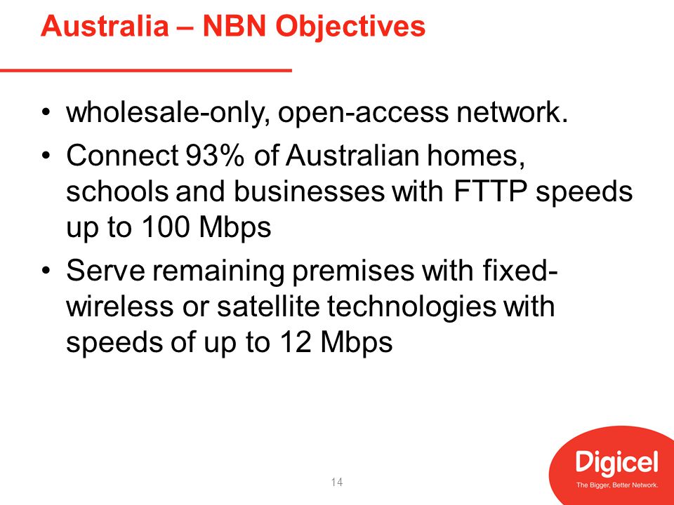 Australia – NBN Objectives wholesale-only, open-access network.