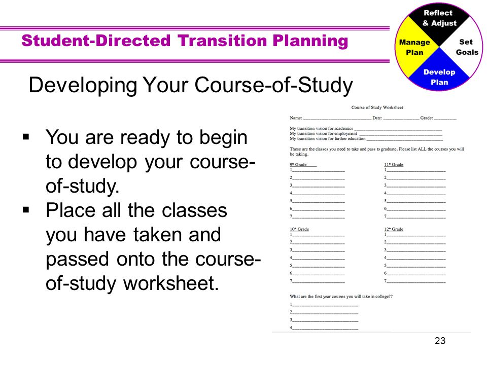 Student-Directed Transition Planning 23 Developing Your Course-of-Study You are ready to begin to develop your course- of-study.