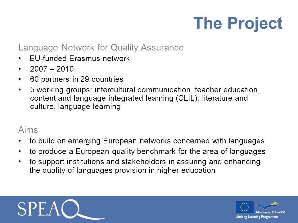 Language Network for Quality Assurance EU-funded Erasmus network 2007 – partners in 29 countries 5 working groups: intercultural communication, teacher education, content and language integrated learning (CLIL), literature and culture, language learning Aims to build on emerging European networks concerned with languages to produce a European quality benchmark for the area of languages to support institutions and stakeholders in assuring and enhancing the quality of languages provision in higher education The Project
