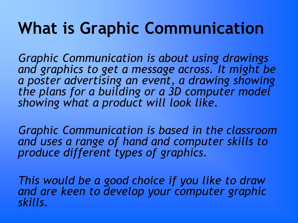What is Graphic Communication Graphic Communication is about using drawings and graphics to get a message across.