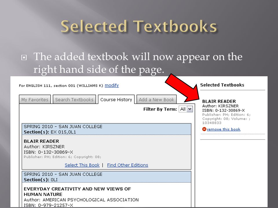 The added textbook will now appear on the right hand side of the page.