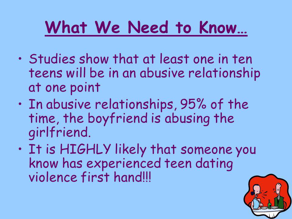 What We Need to Know… Studies show that at least one in ten teens will be in an abusive relationship at one point In abusive relationships, 95% of the time, the boyfriend is abusing the girlfriend.