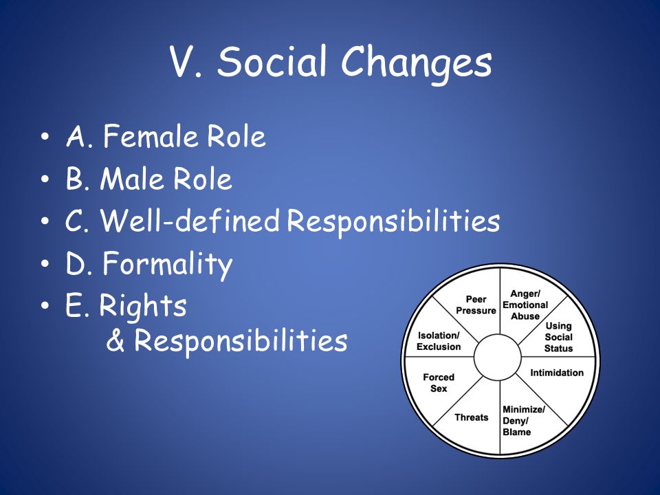 V. Social Changes A. Female Role B. Male Role C.