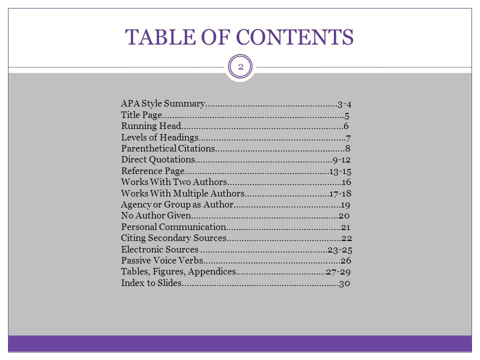 Apa style table of contents research paper