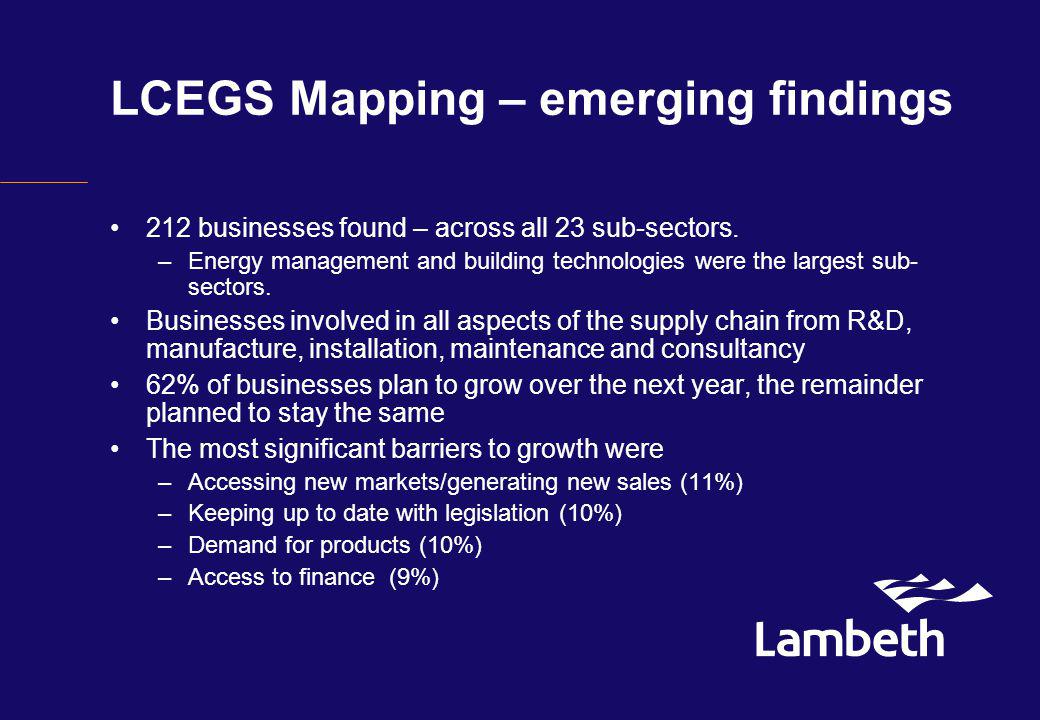 LCEGS Mapping – emerging findings 212 businesses found – across all 23 sub-sectors.