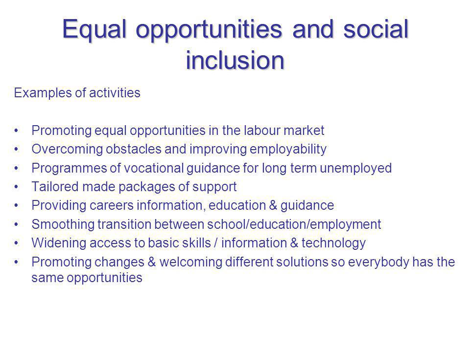 Equal opportunities and social inclusion Examples of activities Promoting equal opportunities in the labour market Overcoming obstacles and improving employability Programmes of vocational guidance for long term unemployed Tailored made packages of support Providing careers information, education & guidance Smoothing transition between school/education/employment Widening access to basic skills / information & technology Promoting changes & welcoming different solutions so everybody has the same opportunities