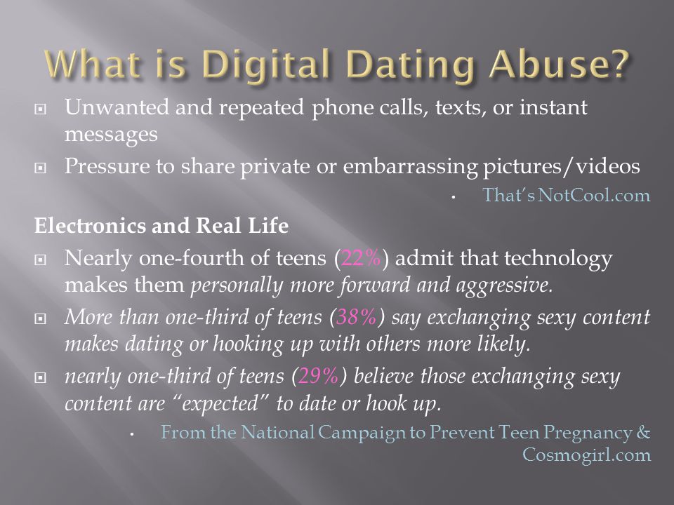 Unwanted and repeated phone calls, texts, or instant messages Pressure to share private or embarrassing pictures/videos Thats NotCool.com Electronics and Real Life Nearly one-fourth of teens (22%) admit that technology makes them personally more forward and aggressive.