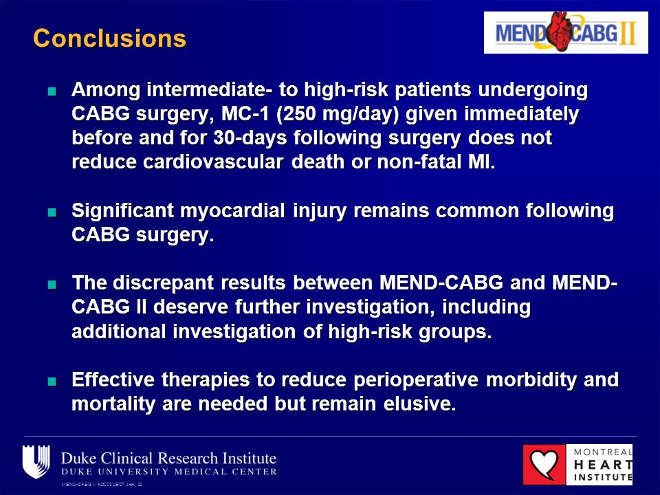 MEND-CABG II ACC08 LBCT JHA, 23 Conclusions Among intermediate- to high-risk patients undergoing CABG surgery, MC-1 (250 mg/day) given immediately before and for 30-days following surgery does not reduce cardiovascular death or non-fatal MI.