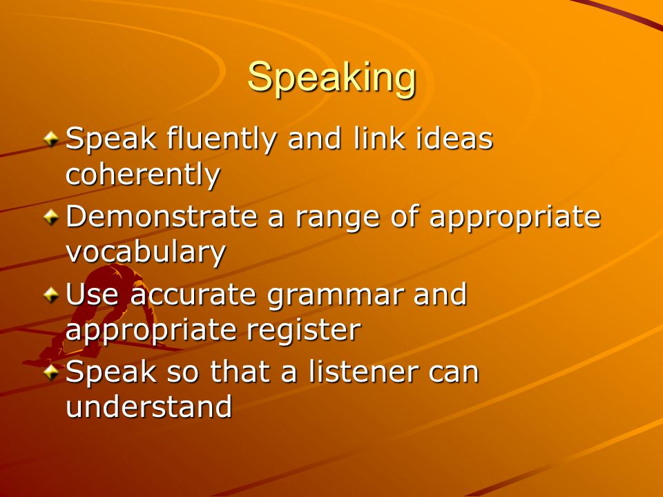 Speaking Speak fluently and link ideas coherently Demonstrate a range of appropriate vocabulary Use accurate grammar and appropriate register Speak so that a listener can understand