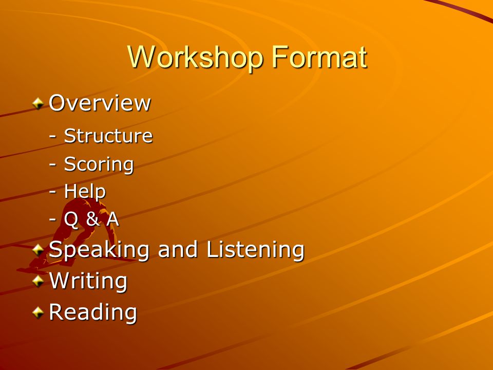 Workshop Format Overview - Structure - Scoring - Help - Q & A Speaking and Listening WritingReading