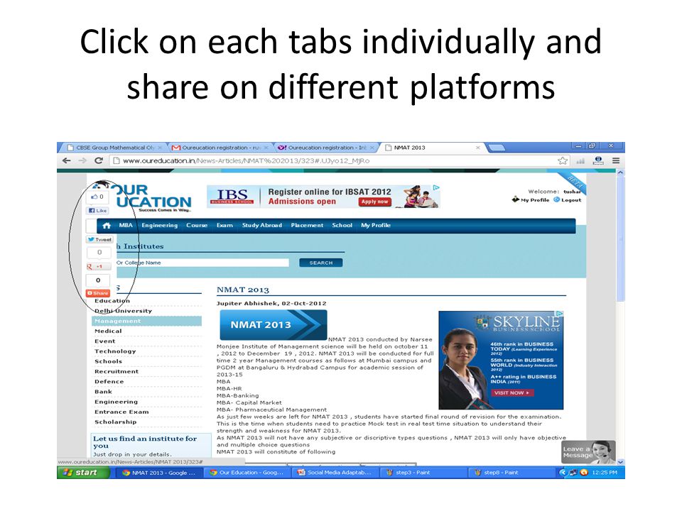Click on each tabs individually and share on different platforms