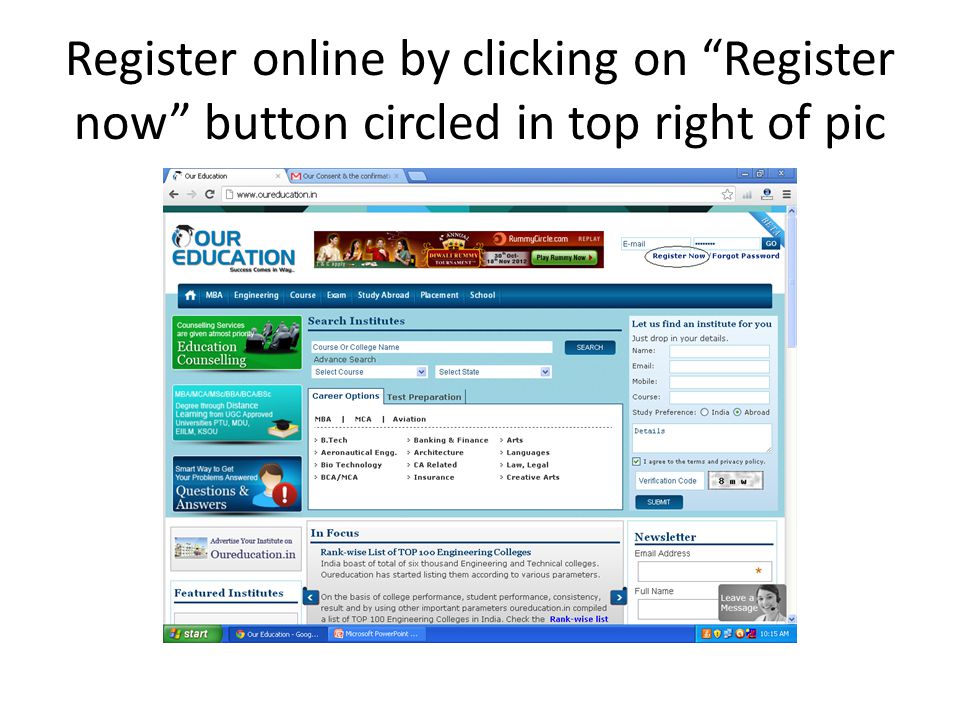 Register online by clicking on Register now button circled in top right of pic