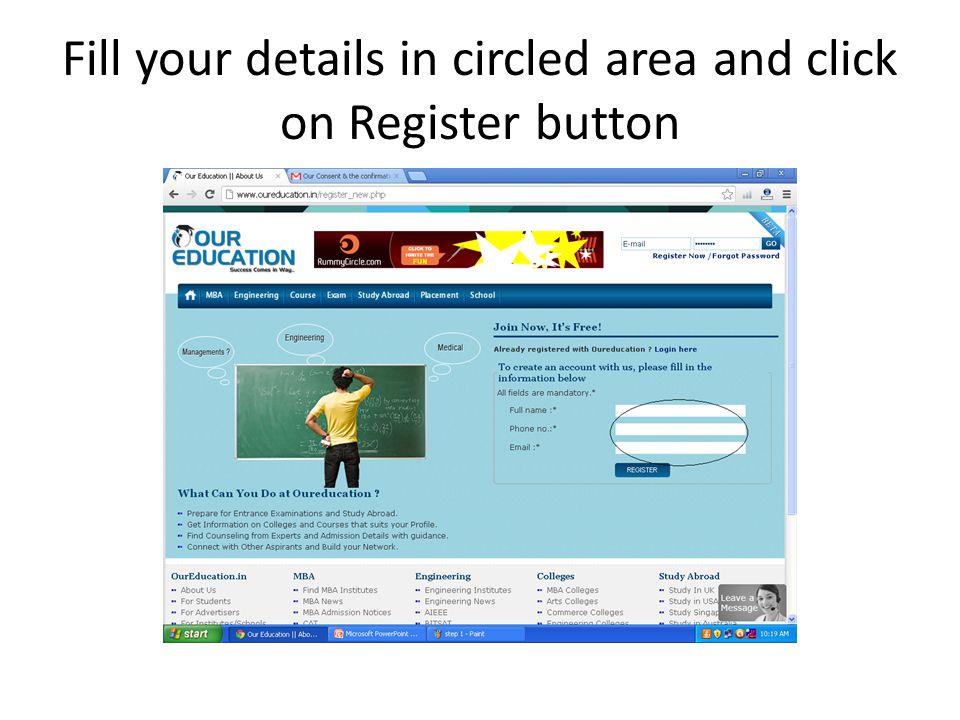 Fill your details in circled area and click on Register button