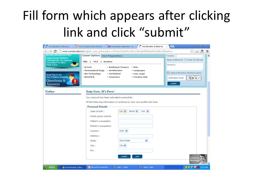 Fill form which appears after clicking link and click submit
