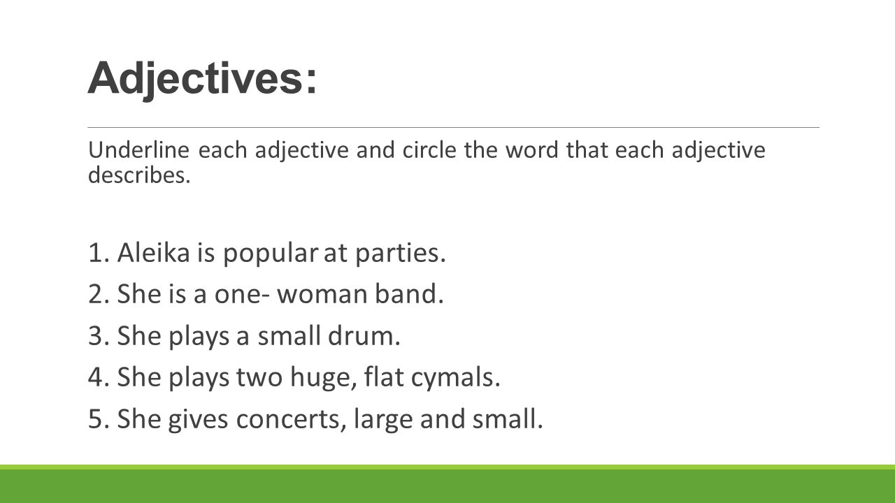 Worksheet Circle The Adjectives modifiers test review mrs s irizarry adjectives underline each adjective and circle the word that describes 1