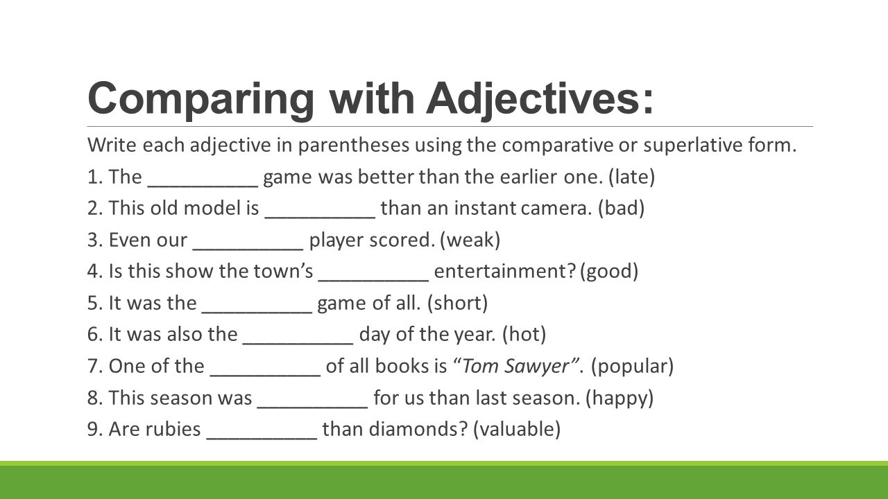 Worksheet Circle The Adjectives modifiers test review mrs s irizarry adjectives underline each comparing with write adjective in parentheses using the comparative or superlative form