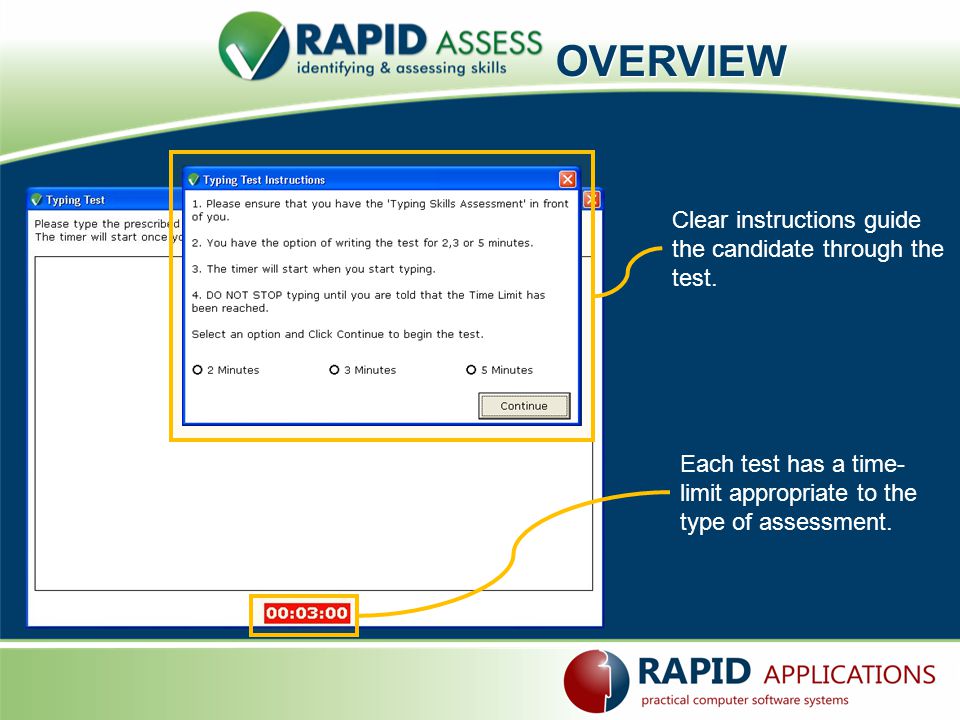 Each test has a time- limit appropriate to the type of assessment.