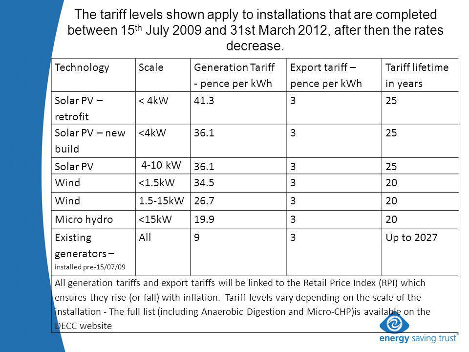 The tariff levels shown apply to installations that are completed between 15 th July 2009 and 31st March 2012, after then the rates decrease.
