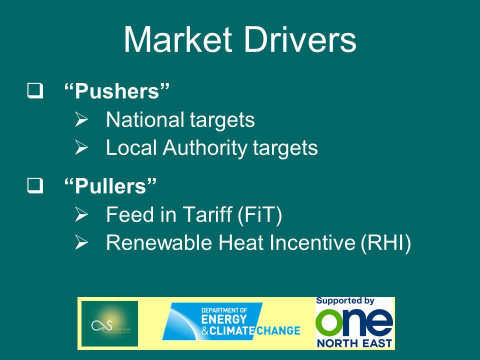 Market Drivers Pushers National targets Local Authority targets Pullers Feed in Tariff (FiT) Renewable Heat Incentive (RHI)