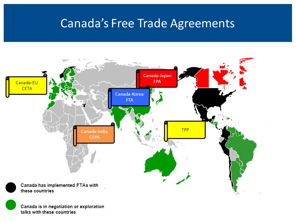 Canada has implemented FTAs with these countries Canada is in negotiation or exploration talks with these countries Canadas Free Trade Agreements Canada-EU CETA TPP Canada-Japan EPA Canada-India CEPA Canada-Korea FTA