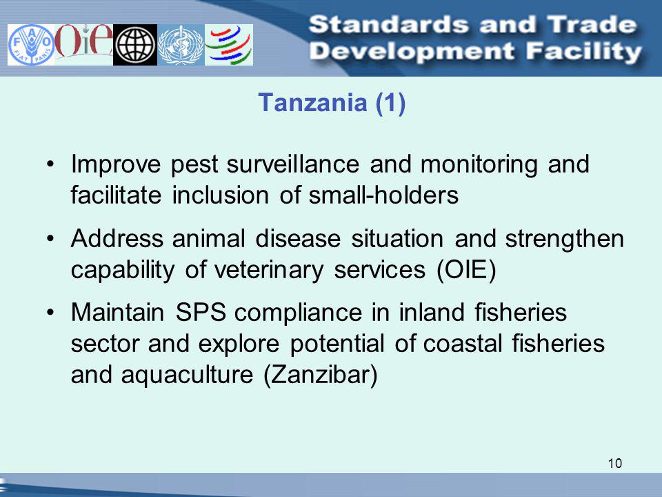 10 Tanzania (1) Improve pest surveillance and monitoring and facilitate inclusion of small-holders Address animal disease situation and strengthen capability of veterinary services (OIE) Maintain SPS compliance in inland fisheries sector and explore potential of coastal fisheries and aquaculture (Zanzibar)