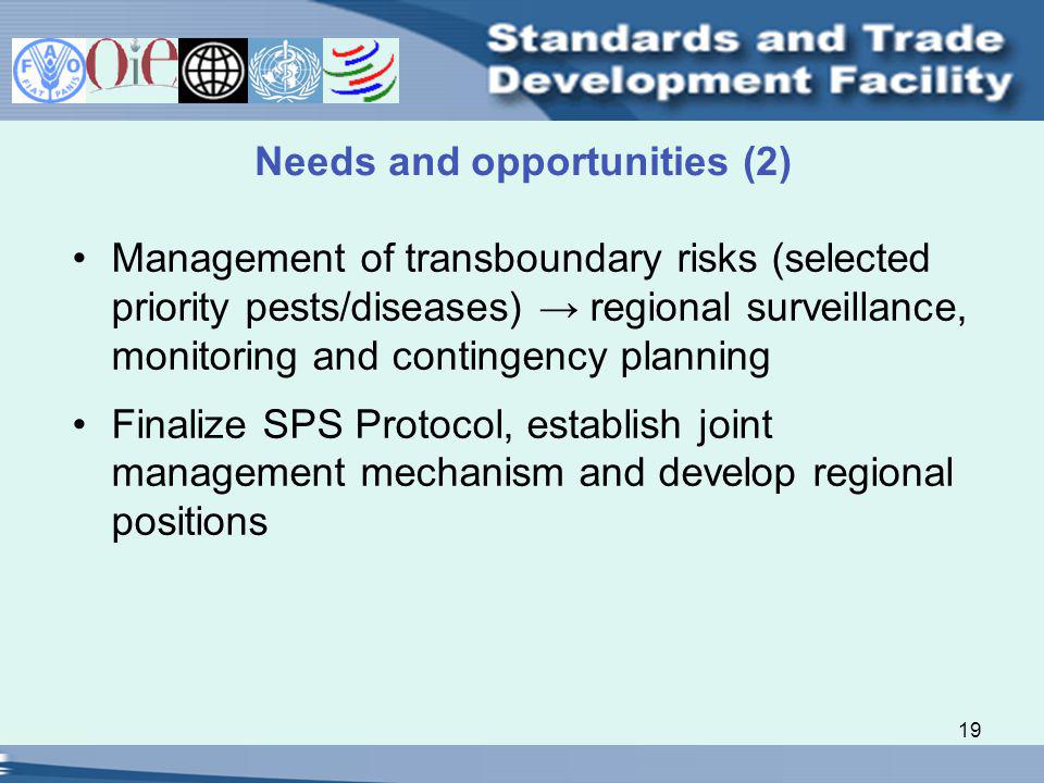 19 Needs and opportunities (2) Management of transboundary risks (selected priority pests/diseases) regional surveillance, monitoring and contingency planning Finalize SPS Protocol, establish joint management mechanism and develop regional positions
