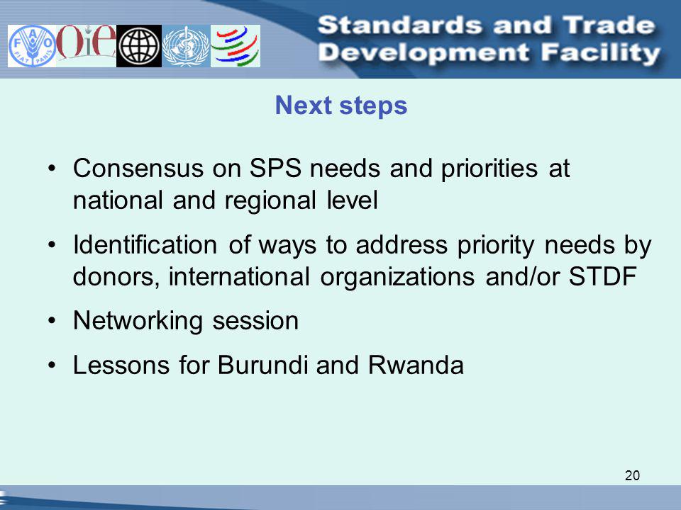 20 Next steps Consensus on SPS needs and priorities at national and regional level Identification of ways to address priority needs by donors, international organizations and/or STDF Networking session Lessons for Burundi and Rwanda