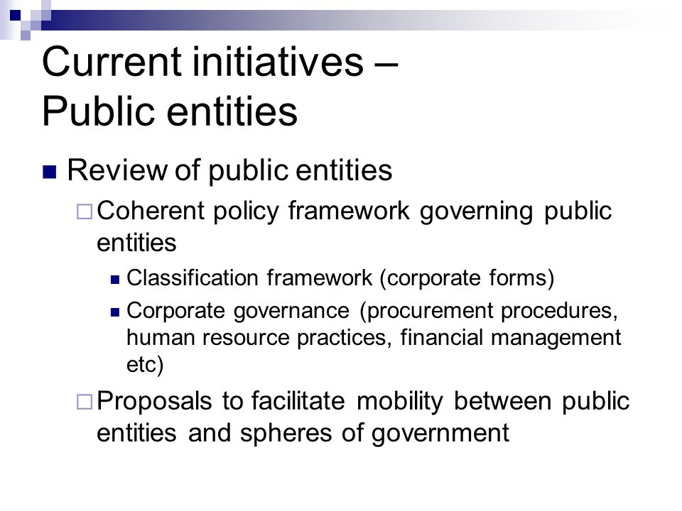 Current initiatives – Public entities Review of public entities Coherent policy framework governing public entities Classification framework (corporate forms) Corporate governance (procurement procedures, human resource practices, financial management etc) Proposals to facilitate mobility between public entities and spheres of government