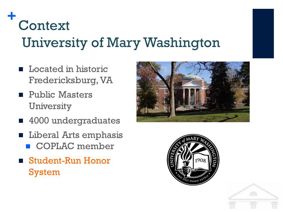 + Context University of Mary Washington Located in historic Fredericksburg, VA Public Masters University 4000 undergraduates Liberal Arts emphasis COPLAC member Student-Run Honor System