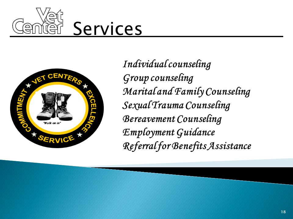 18 Services Individual counseling Group counseling Marital and Family Counseling Sexual Trauma Counseling Bereavement Counseling Employment Guidance Referral for Benefits Assistance Walk on in