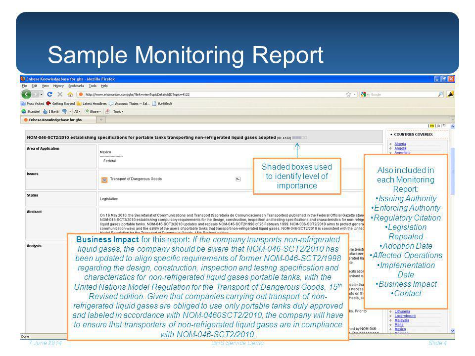 7 June 2014Slide 4GHS Service Demo Sample Monitoring Report Business Impact for this report: If the company transports non-refrigerated liquid gases, the company should be aware that NOM-046-SCT2/2010 has been updated to align specific requirements of former NOM-046-SCT2/1998 regarding the design, construction, inspection and testing specification and characteristics for non-refrigerated liquid gases portable tanks, with the United Nations Model Regulation for the Transport of Dangerous Goods, 15 th Revised edition.
