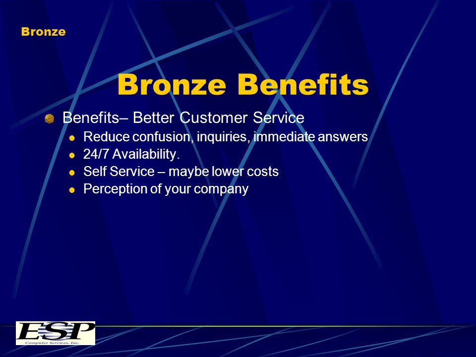 Bronze Benefits Benefits– Better Customer Service Reduce confusion, inquiries, immediate answers 24/7 Availability.