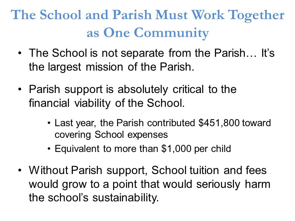 The School and Parish Must Work Together as One Community The School is not separate from the Parish… Its the largest mission of the Parish.