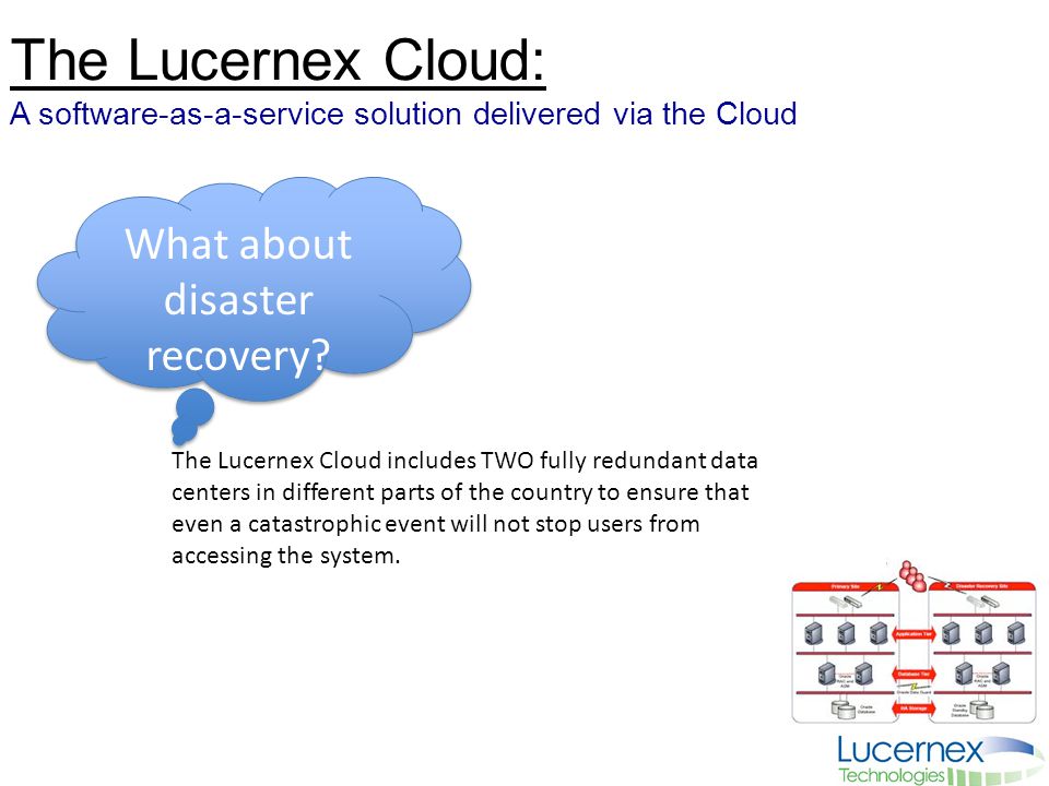 The Lucernex Cloud: A software-as-a-service solution delivered via the Cloud What about disaster recovery.