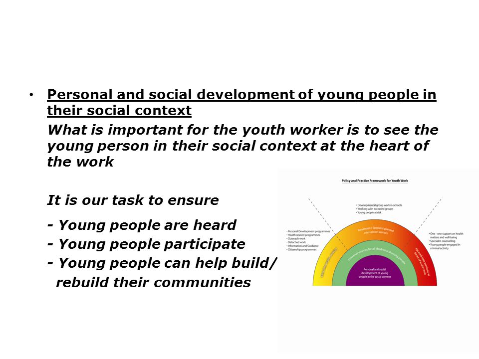 Personal and social development of young people in their social context What is important for the youth worker is to see the young person in their social context at the heart of the work It is our task to ensure - Young people are heard - Young people participate - Young people can help build/ rebuild their communities