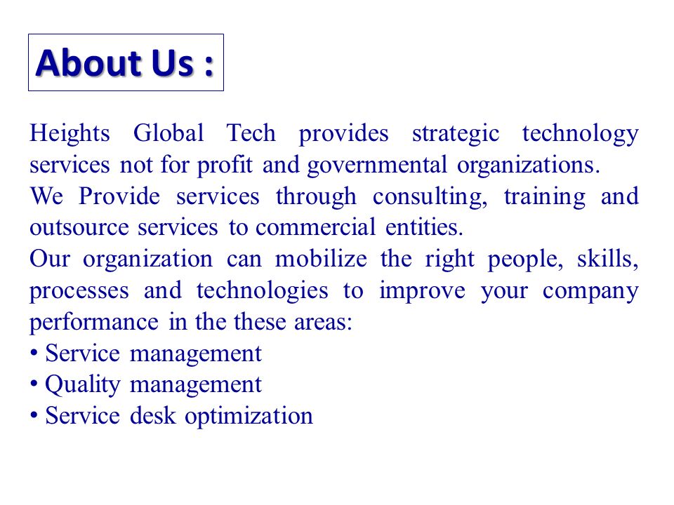 Heights Global Tech provides strategic technology services not for profit and governmental organizations.