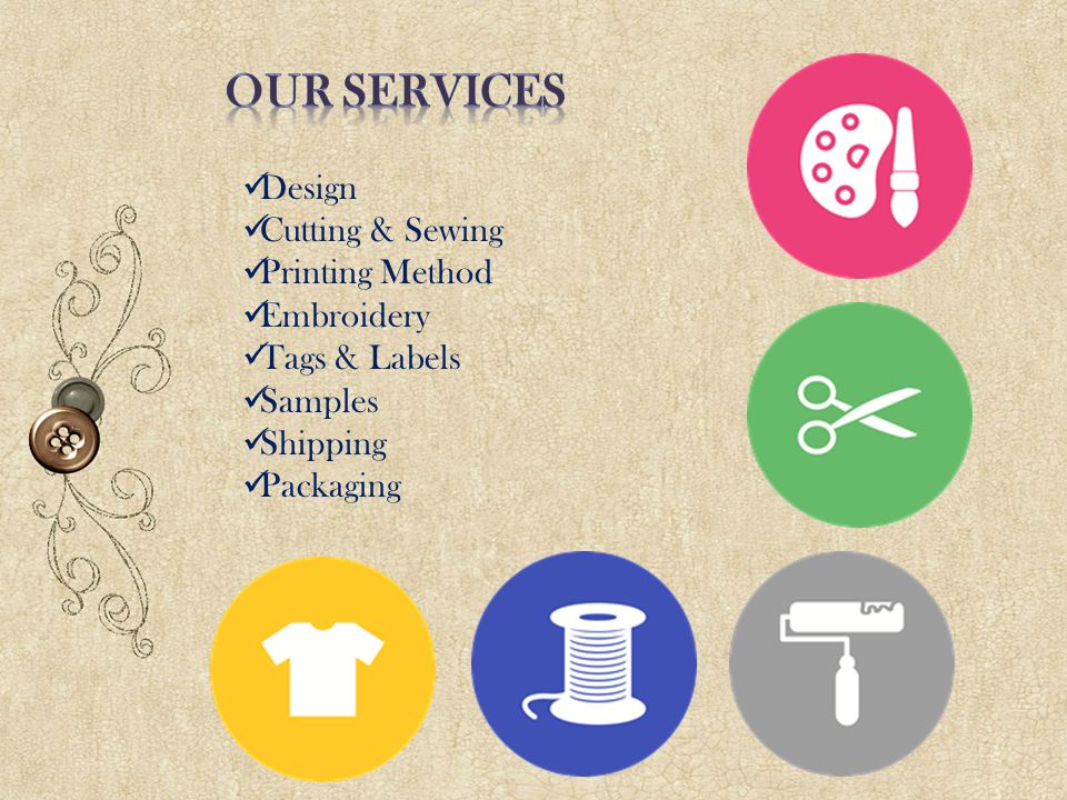 Design Cutting & Sewing Printing Method Embroidery Tags & Labels Samples Shipping Packaging