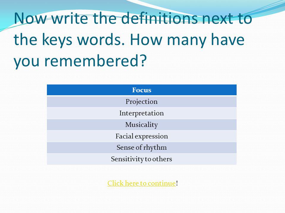 Now write the definitions next to the keys words. How many have you remembered.