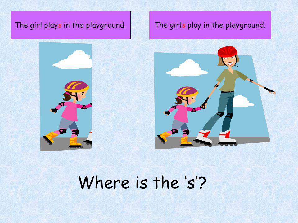 The girl plays in the playground.The girls play in the playground. Where is the s