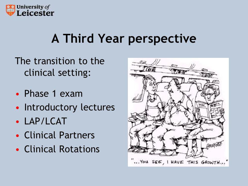 A Third Year perspective The transition to the clinical setting: Phase 1 exam Introductory lectures LAP/LCAT Clinical Partners Clinical Rotations