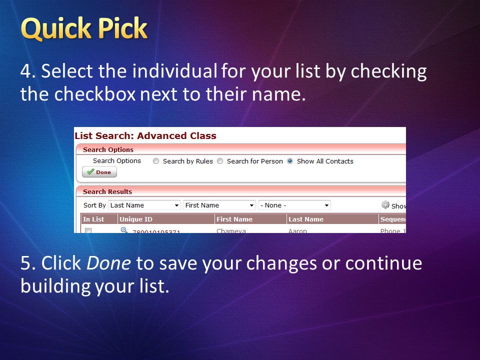 4. Select the individual for your list by checking the checkbox next to their name.