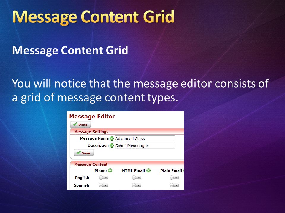 Message Content Grid You will notice that the message editor consists of a grid of message content types.
